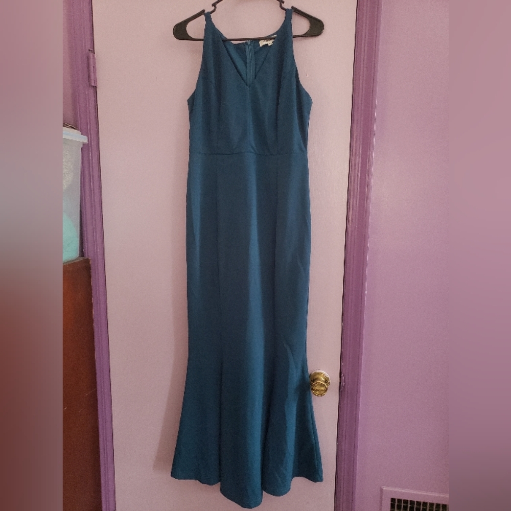 Mermaid Flare Fitted V-neck Maxi Dress In Teal Size M Manydress - Picture 3 of 6